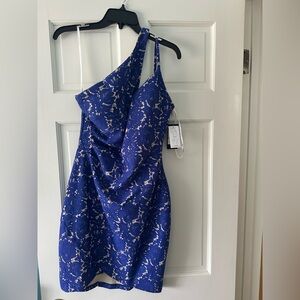 Guess, size 2, blue/cream lace one shoulder dress.